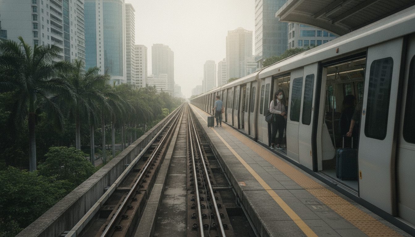 Suvarnabhumi airport transit on a budget: an elevated Bangkok commuter train at the platform, 45 baht into the city