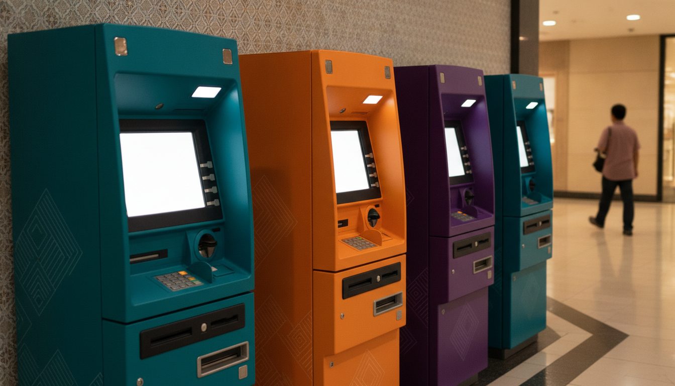 Thailand ATM fees: a row of Thai bank ATM machines in a Bangkok mall where foreign cards are charged 250 baht per withdrawal