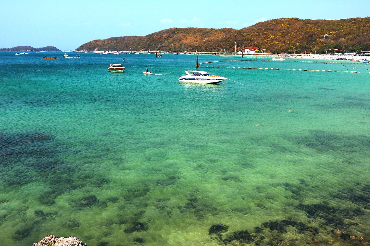 Speedboats moored off Tawaen Beach on Koh Larn near Pattaya, Thailand, where a shared seat costs 200 to 400 baht against the 40-baht public ferry in these Thailand travel costs
