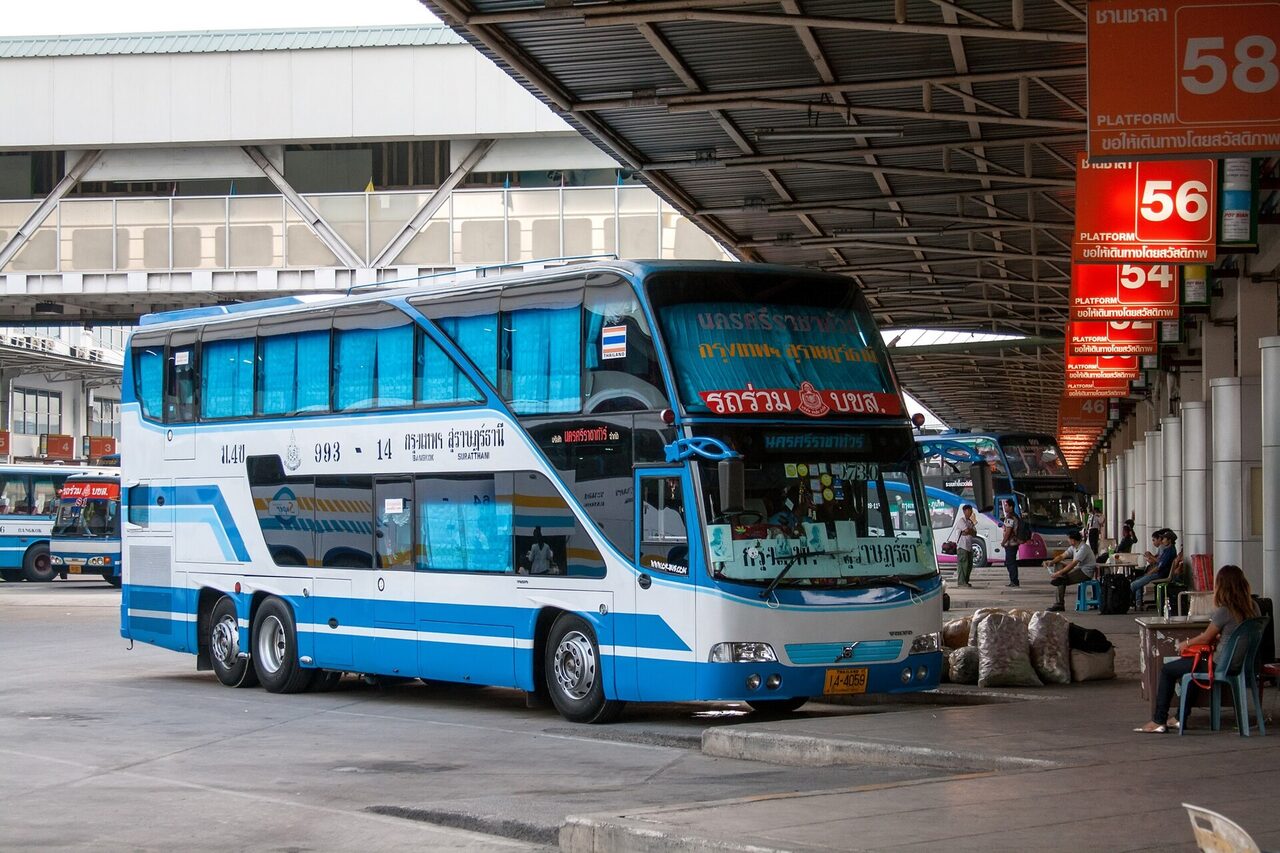 A government 999 double-decker coach at Bangkok's Sai Tai Mai Southern Bus Terminal signed for Surat Thani, the southern route used for Thailand budget travel from Bangkok to Phuket