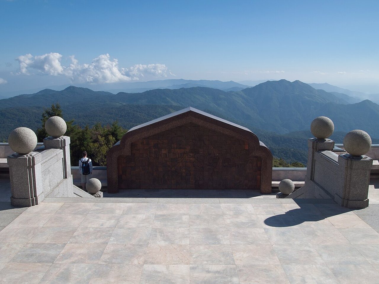 Viewing terrace at the royal pagodas on Doi Inthanon looking over the mountains, where the Thailand national park entrance fee is 300 baht for foreign adults