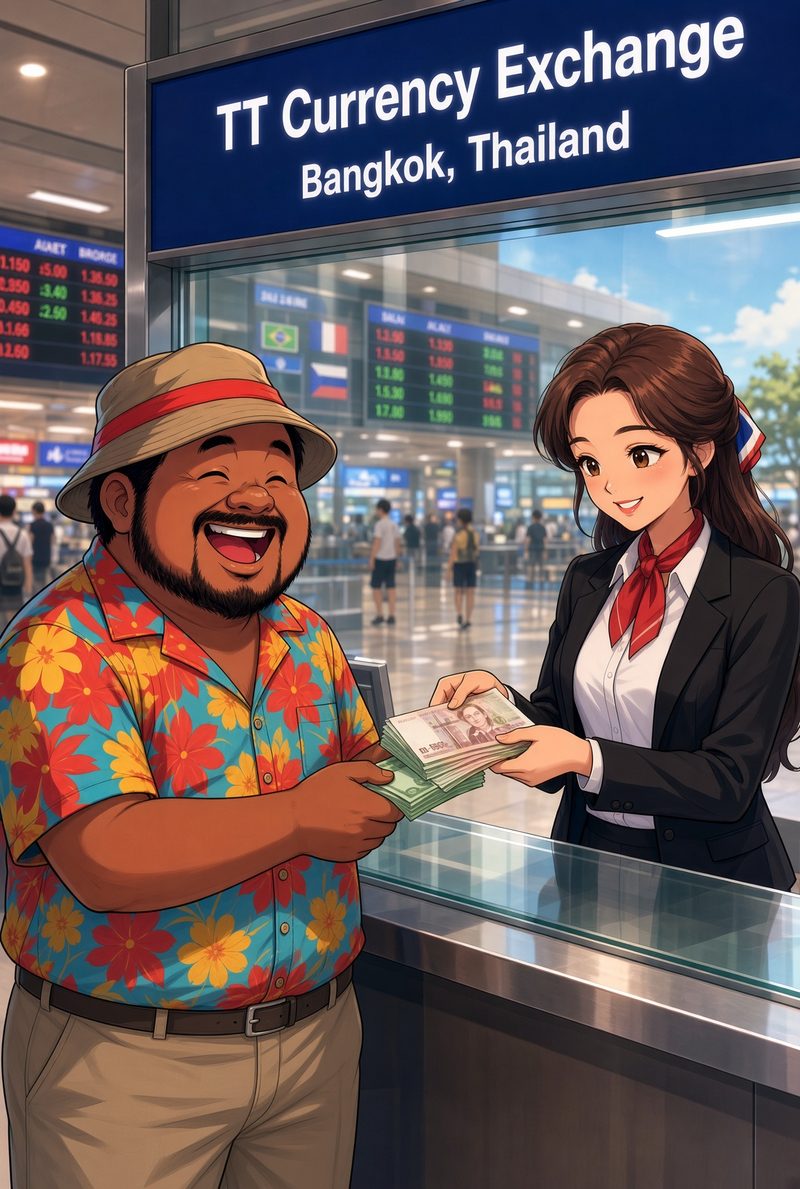 Uncle Pong laughing as he collects a thick stack of baht at a currency exchange counter