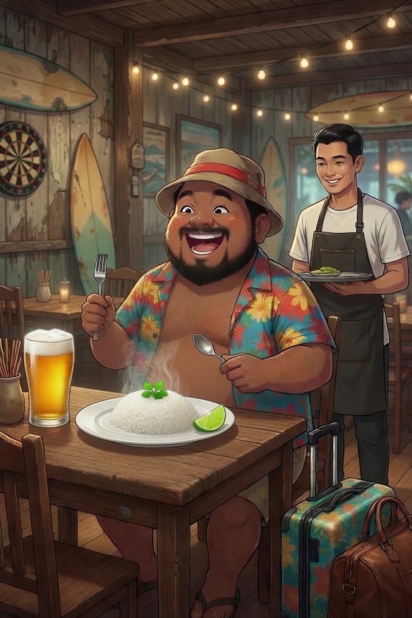 Uncle Pong tucking into a plate of rice at a local spot