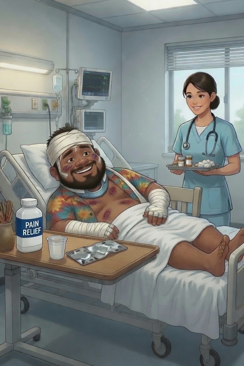Uncle Pong recovering in a Thai hospital after a scooter mishap