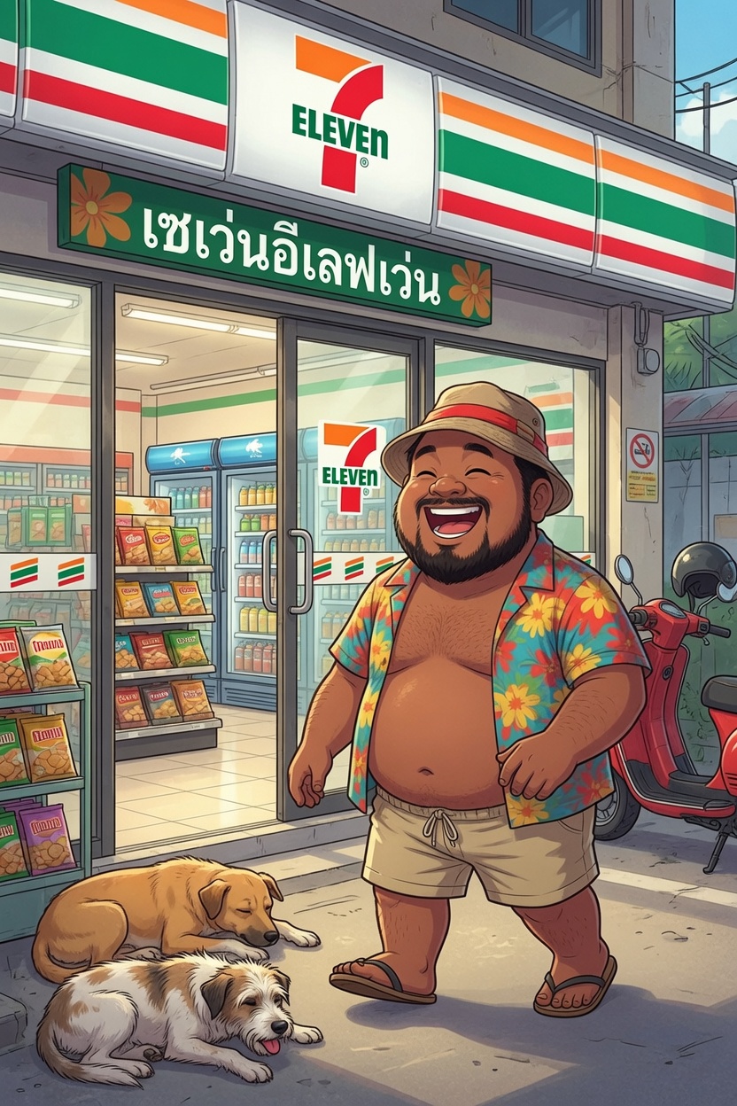 Uncle Pong outside a Thai 7-Eleven with the resident soi dogs