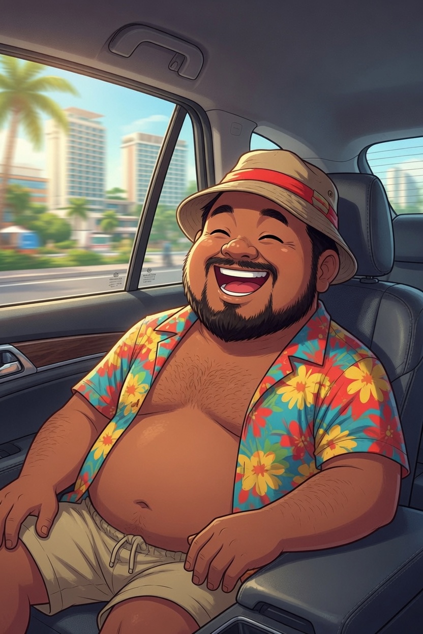 Uncle Pong relaxing in the back of a Grab car cruising through town