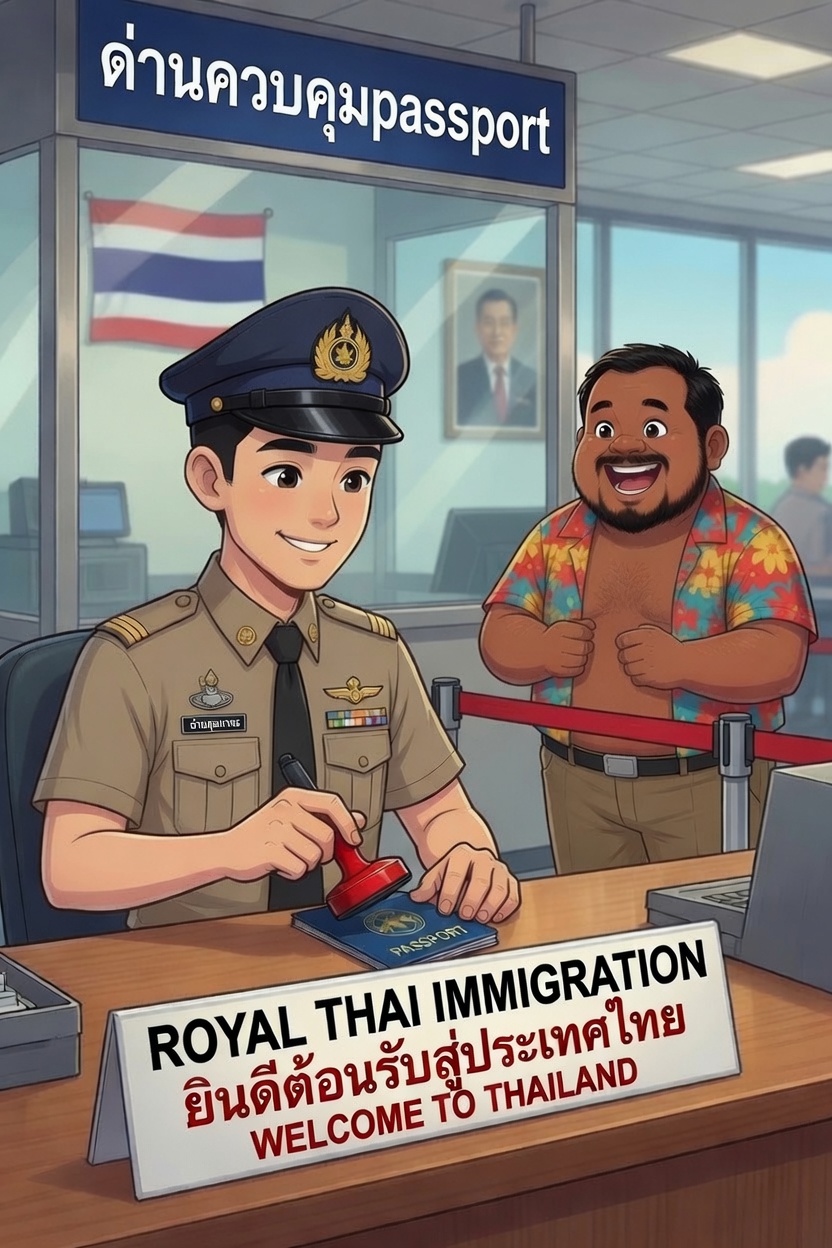 Uncle Pong getting his passport stamped at Royal Thai Immigration — Welcome to Thailand