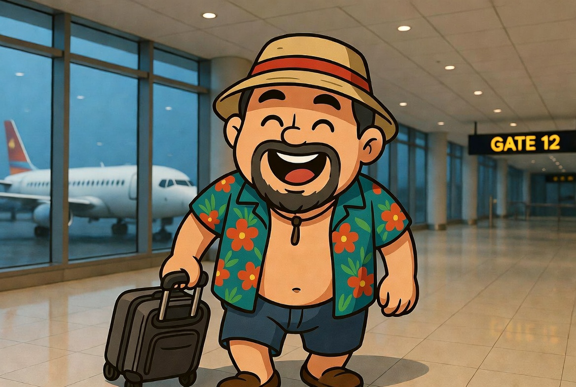 Uncle Pong arriving at the airport with his suitcase